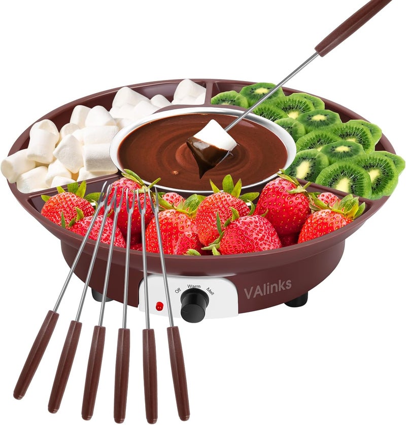 VAlinks Electric Chocolate Melting Pot Chocolate Fondue Pot Set 3-Section Serving Trays with 6pcs Dipping Forks Perfect for Housewarming Christmas Party Gifts (Brown) - Image 1